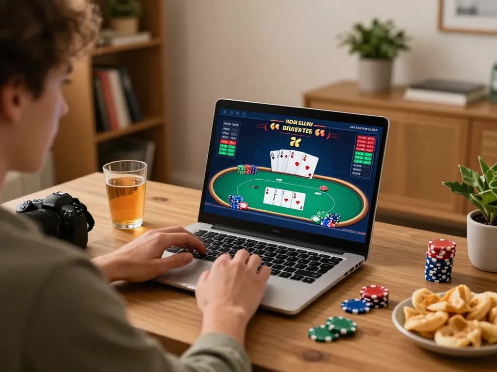 Player enjoying an online poker game at home on 9bet, showcasing exciting gameplay and cozy atmosphere.