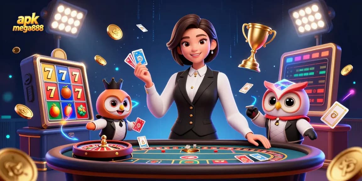 Alami permainan yang mendebarkan dengan apk mega888 dalam suasana kasino 3D yang meriah menampilkan seorang dealer dan elemen slot.