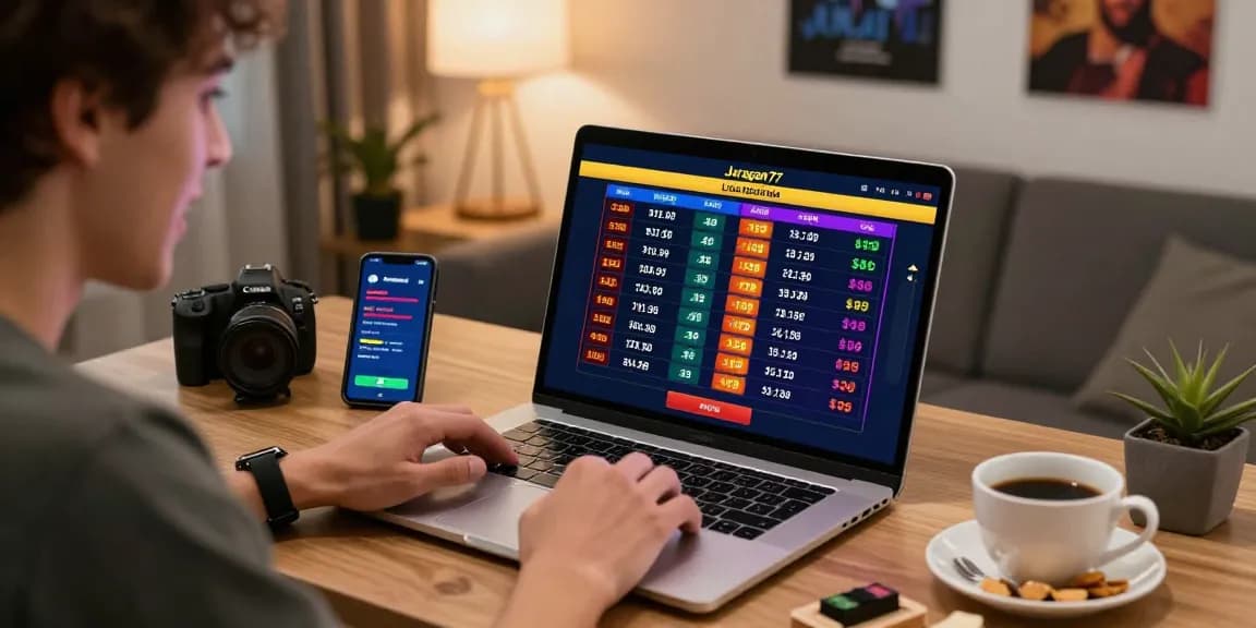 Pengguna juragan77 melihat hasil togel live malam ini dengan semangat di laptop.