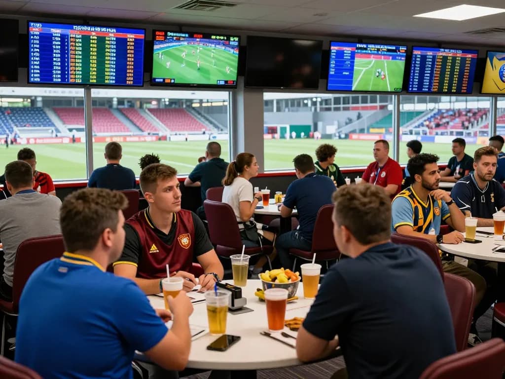 Engaged bettors analyzing tỷ lệ kèo nhà cái amid excitement in a lively sportsbook.