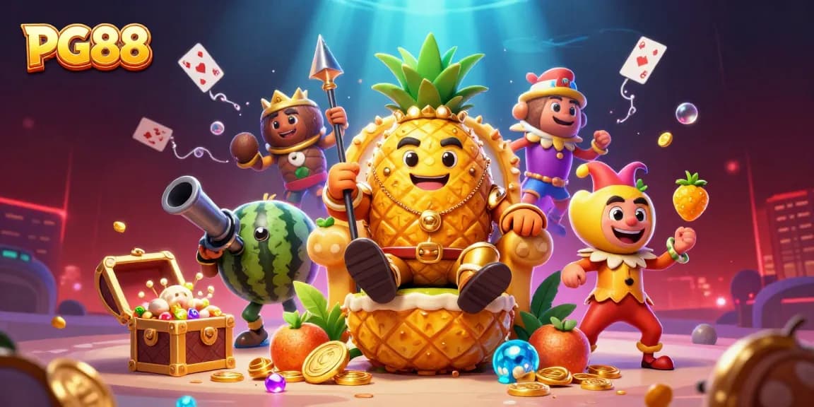 Experience thrilling moments at PG88 Casino as a whimsical pineapple king reigns amidst bubbling treasures and card games.