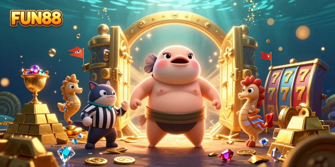 Engage in FUN88's dynamic underwater casino experience with a fugu sumo wrestler and treasures.