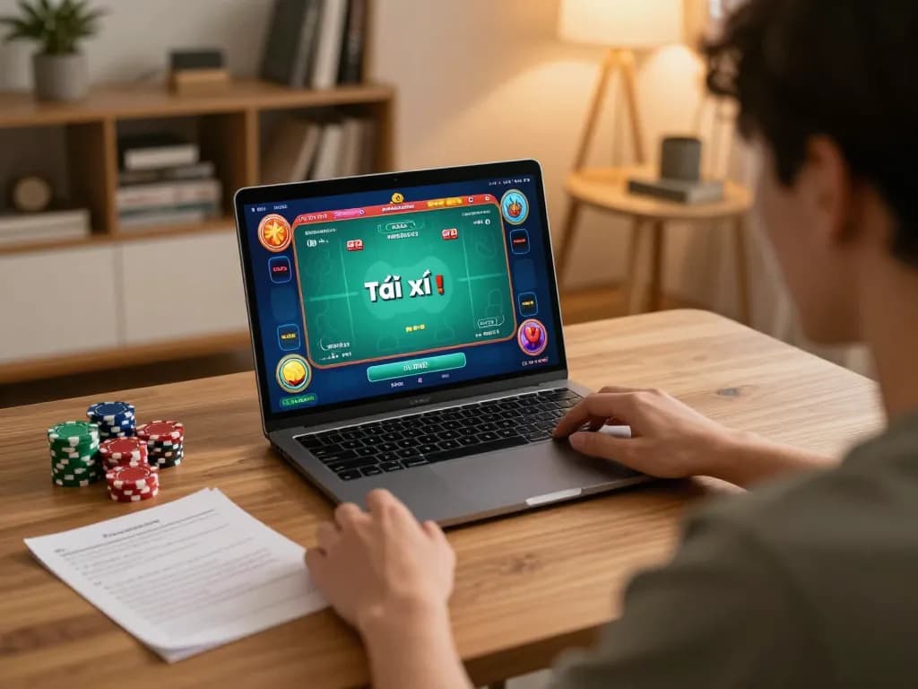 Tài xỉu online gameplay on a laptop at home, reflects strategic betting and engaging gaming environment.