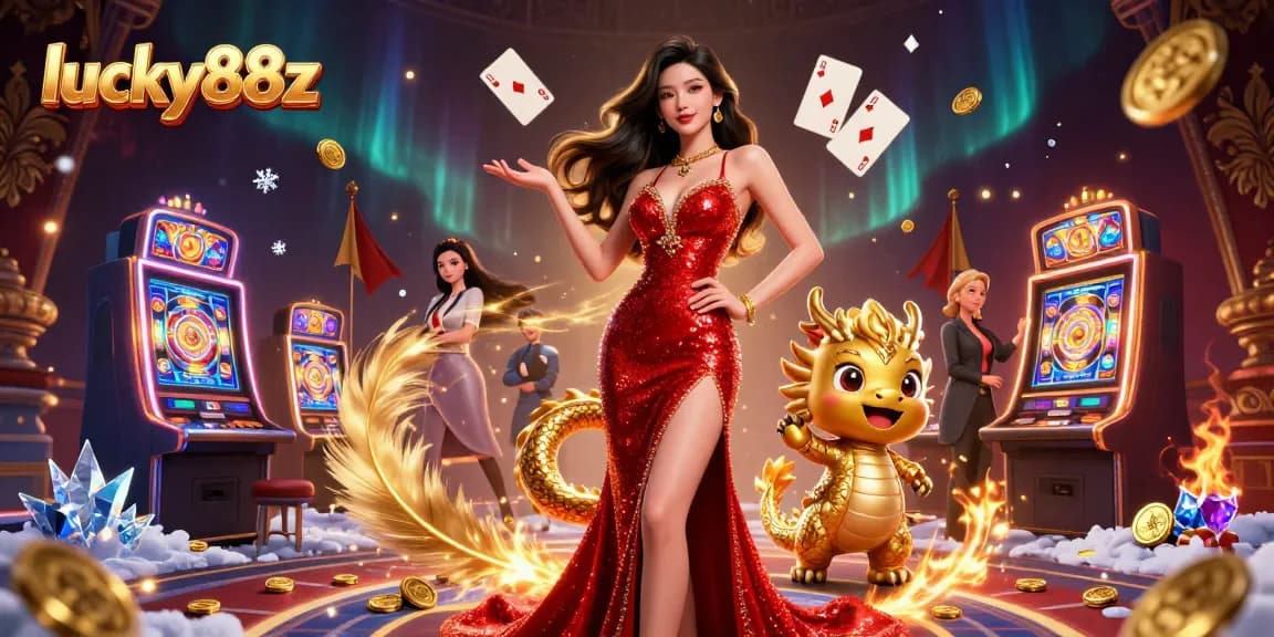 Experience thrilling gameplay at lucky88z with an elegant Asian woman and golden dragon amidst dynamic casino elements.