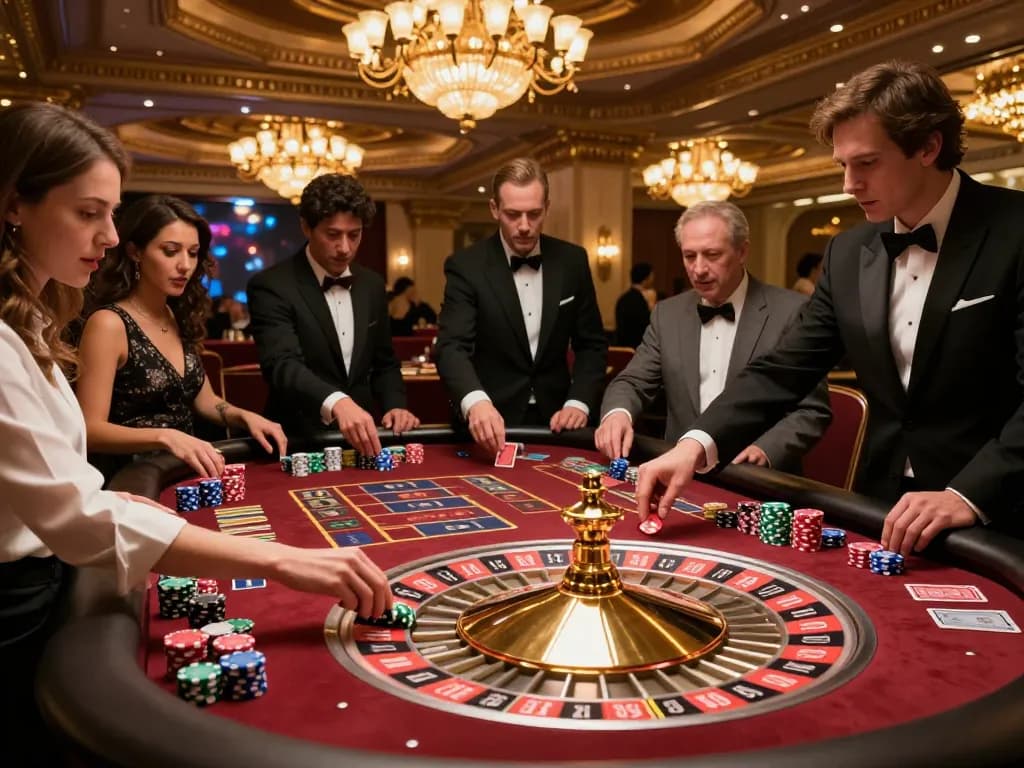 Engaged players at uk88s roulette table placing bets amidst vibrant casino atmosphere.