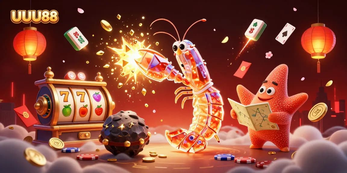 UUU88 hitting jackpots with 3D galactic samurai shrimp amidst vibrant casino elements.