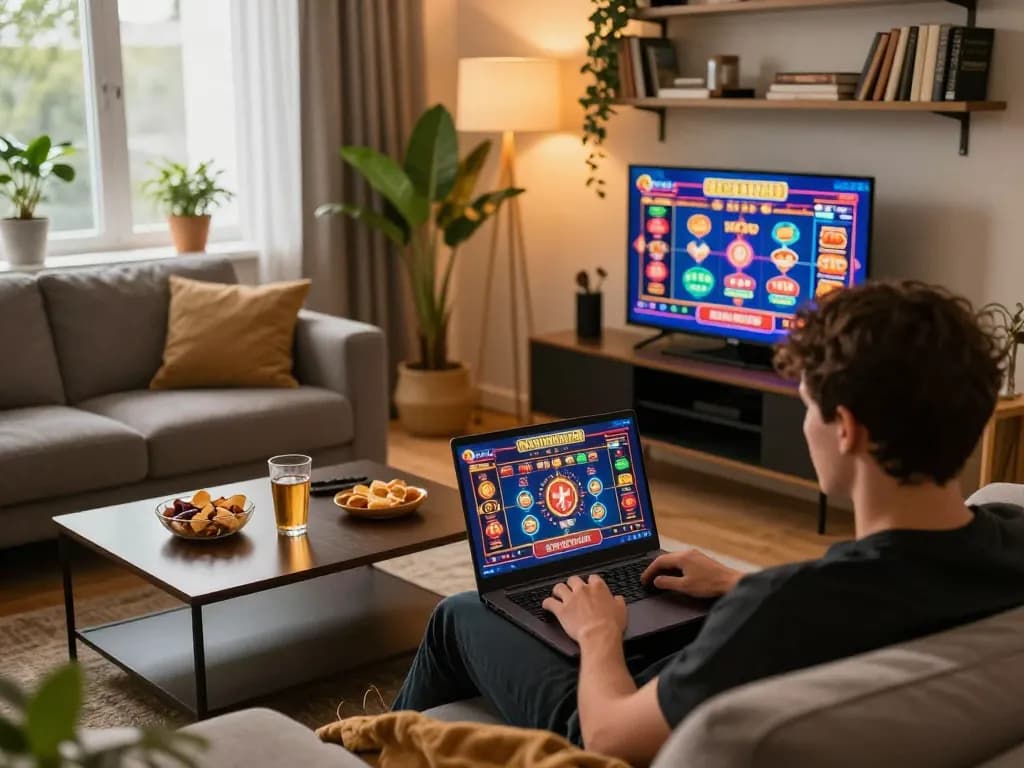 Player engaging with online 789f gaming on a laptop in a cozy home setting.