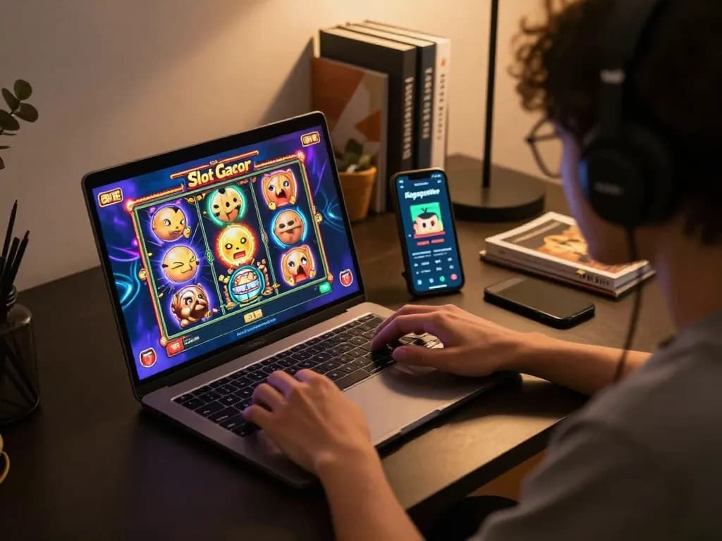 Engaged player spinning on nagapoker online slot game in a cozy workspace, highlighting responsible entertainment.