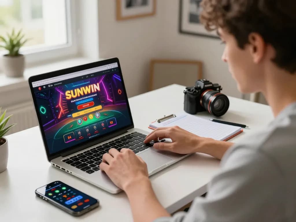 Player engaging with SUNWIN online casino interface at home, showcasing strategic betting atmosphere.