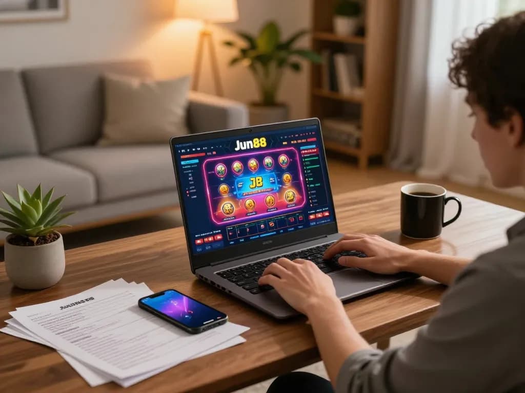 Gambling on Jun88 from a stylish home setup, with laptop displaying casino games and notes for strategy