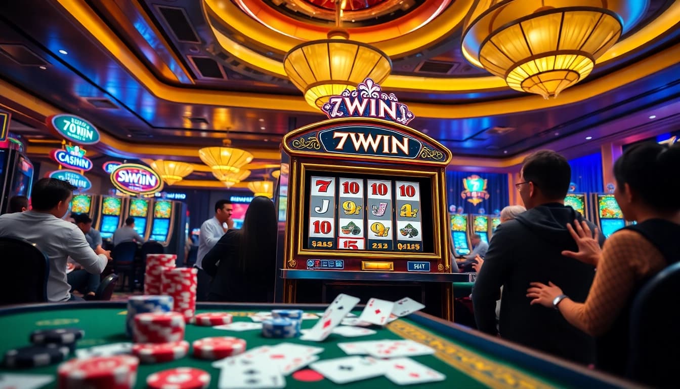 Players enjoying the thrill of 78WIN casino games with vibrant slot machines and poker chips.