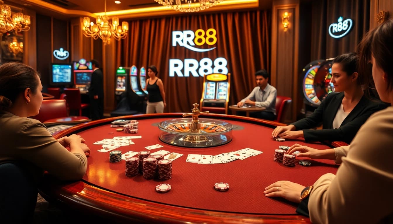 Experience thrilling gameplay at https://rr88rd.com/ with a vibrant casino scene featuring poker chips and cards.