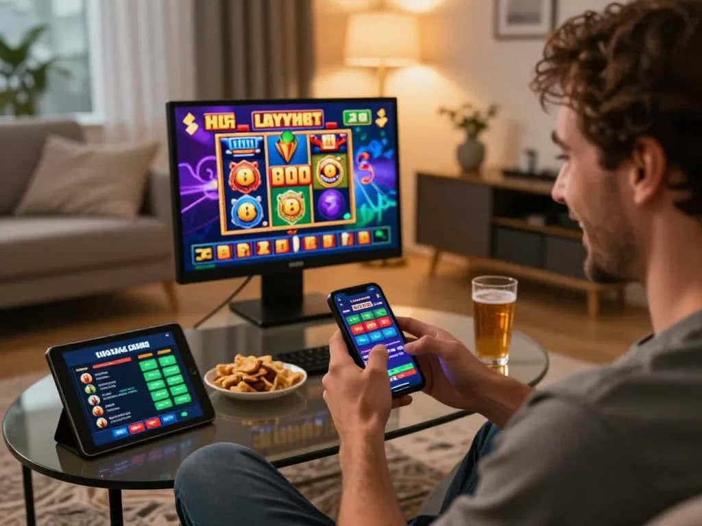 Player enjoying LGOSUPER games on smartphone, showcasing vibrant online casino atmosphere
