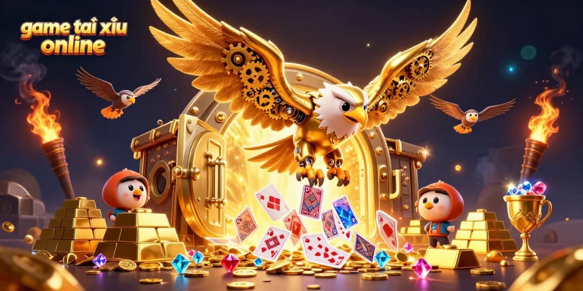 Engage in a thrilling game tài xỉu online with the cybernetic eagle and vibrant casino elements.