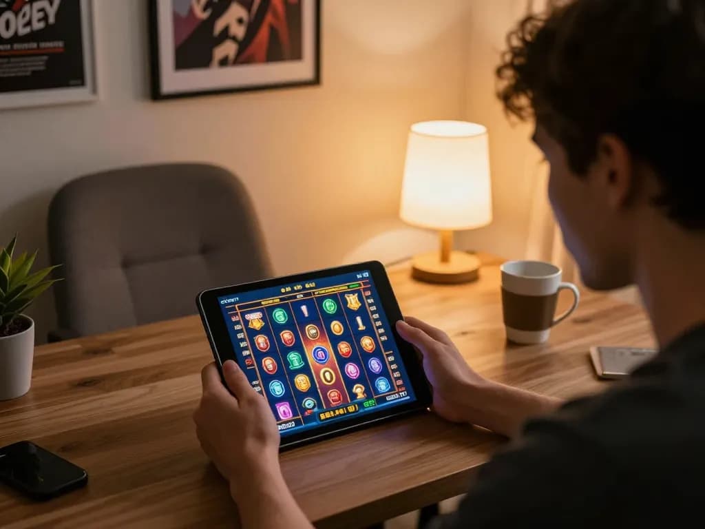 Situs gacor with player engaged in lively online slot game on a tablet at home, showcasing vibrant colors and strategic gameplay.