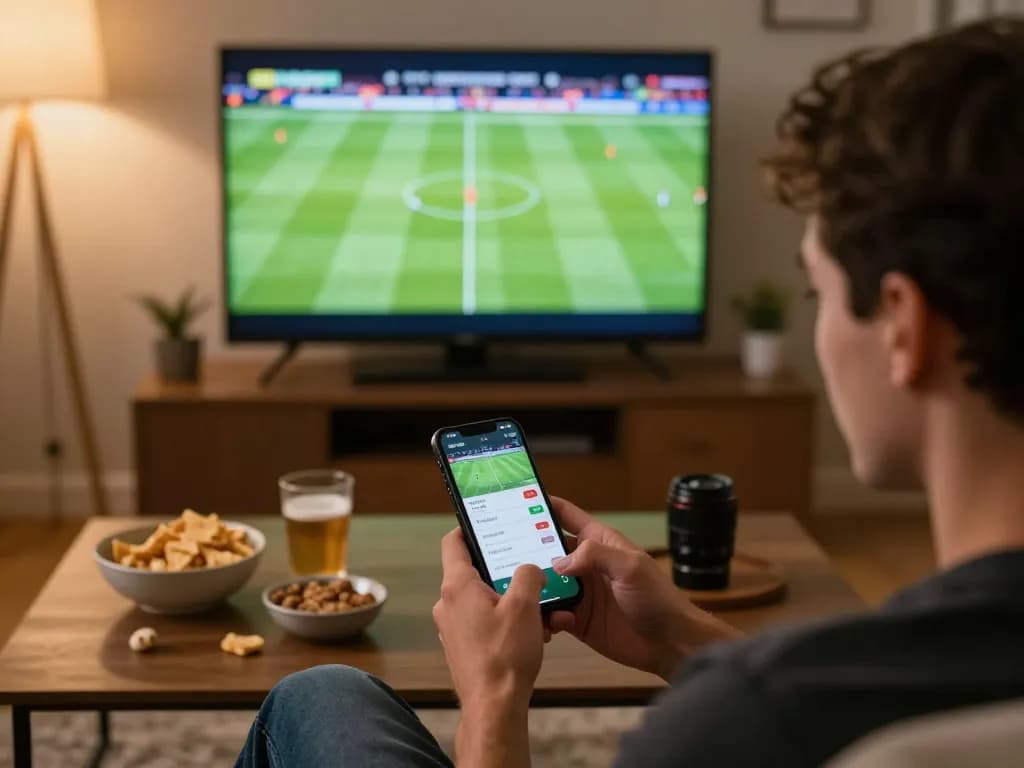 Sports bettor engaged in live betting using a phone at home, exploring ทางเข้า m102 options for efficient wagering