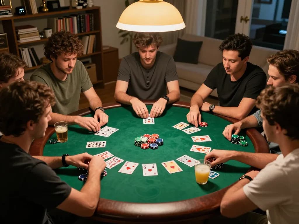 Iwin players engaging in a friendly poker night at home with chips and cards.
