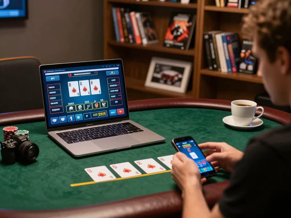 Player enjoying online casino games on laptop, showcasing kuwinfi gaming interface and strategic atmosphere.