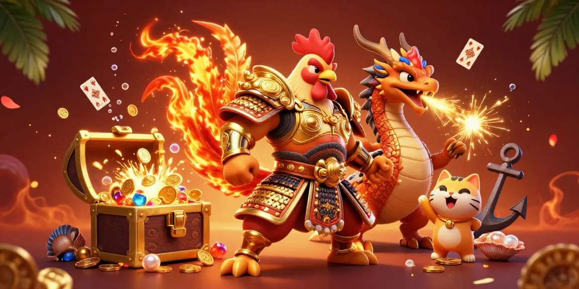 Jelajahi pengalaman berani di rajakadal dengan karakter ayam petarung dan naga, dikelilingi harta karun!