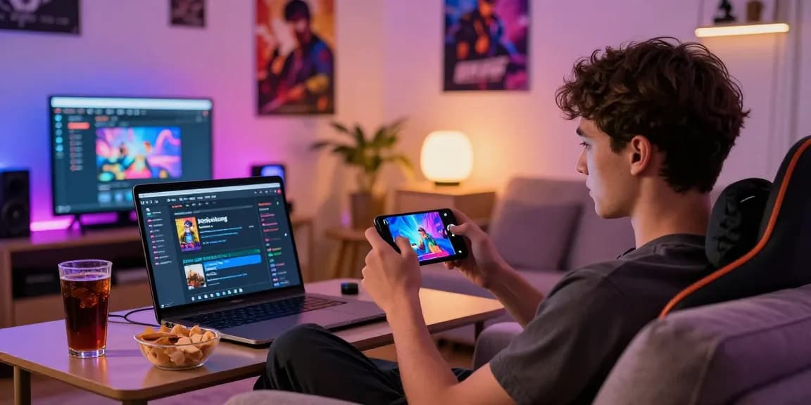 Engaging scene of a gamer enjoying gamebaidoithuong in a cozy home environment.