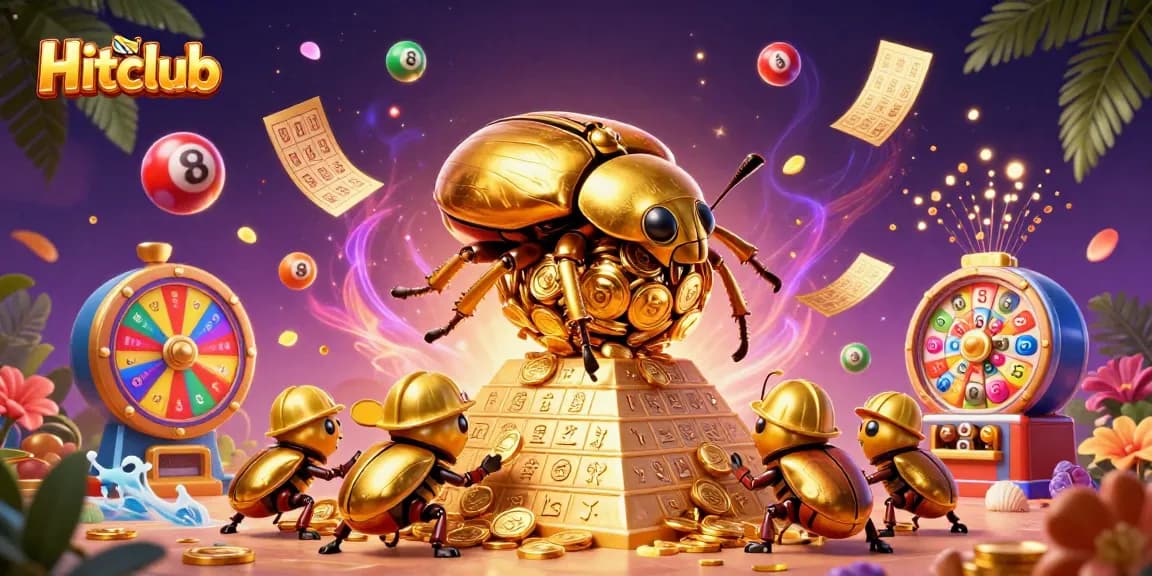 Hitclub promotes excitement with a golden beetle rolling coins and colorful lottery balls in a vibrant casino scene.