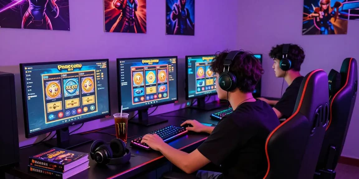 Exciting online gaming setup showcasing pajaktoto slot on multiple screens with vibrant LED lighting.