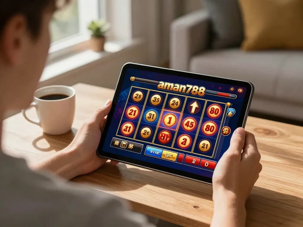 Berinteraksi dengan slot aman788 di tablet dalam suasana rumah hangat, menunjukkan permainan online yang bertanggung jawab.
