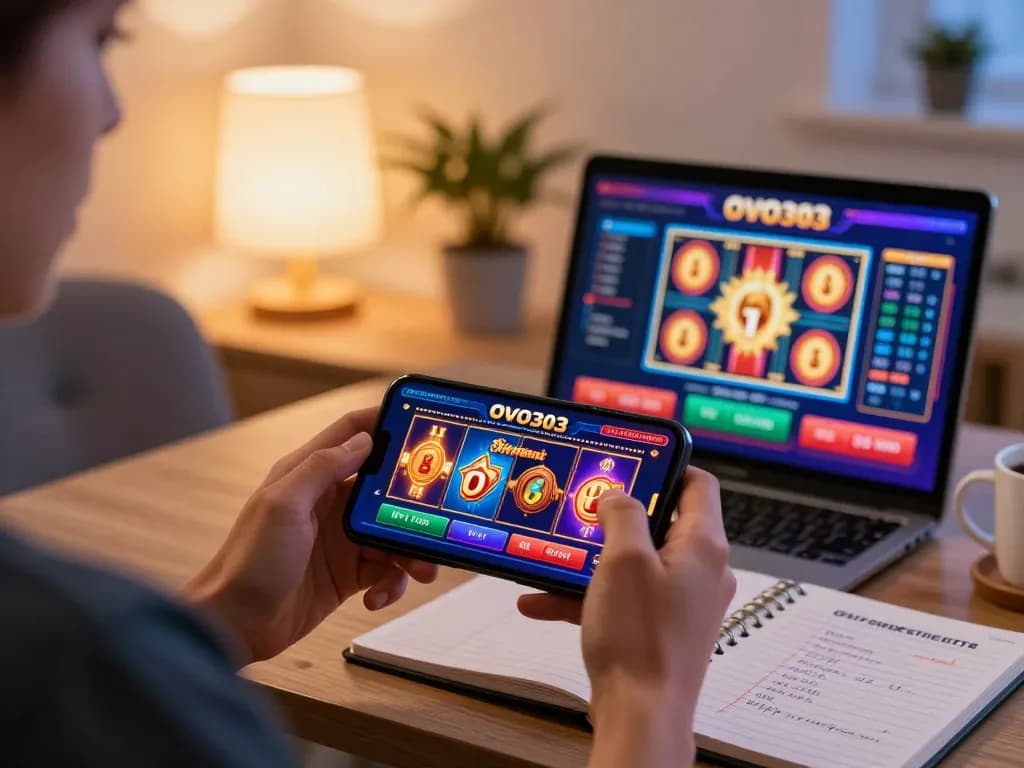Berinteraksi dengan aplikasi kasino OVO303 di smartphone dalam pengaturan permainan rumah yang nyaman.