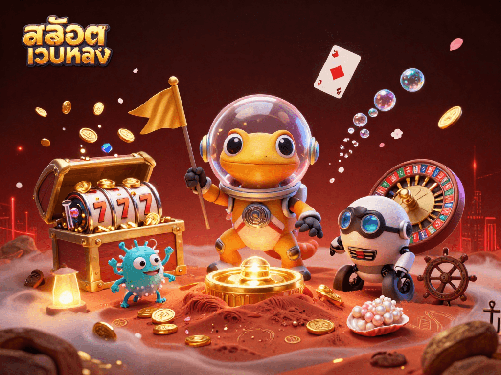 Spin to win at สล็อตเว็บตรง with vibrant 3D Martian characters uncovering a hidden casino.