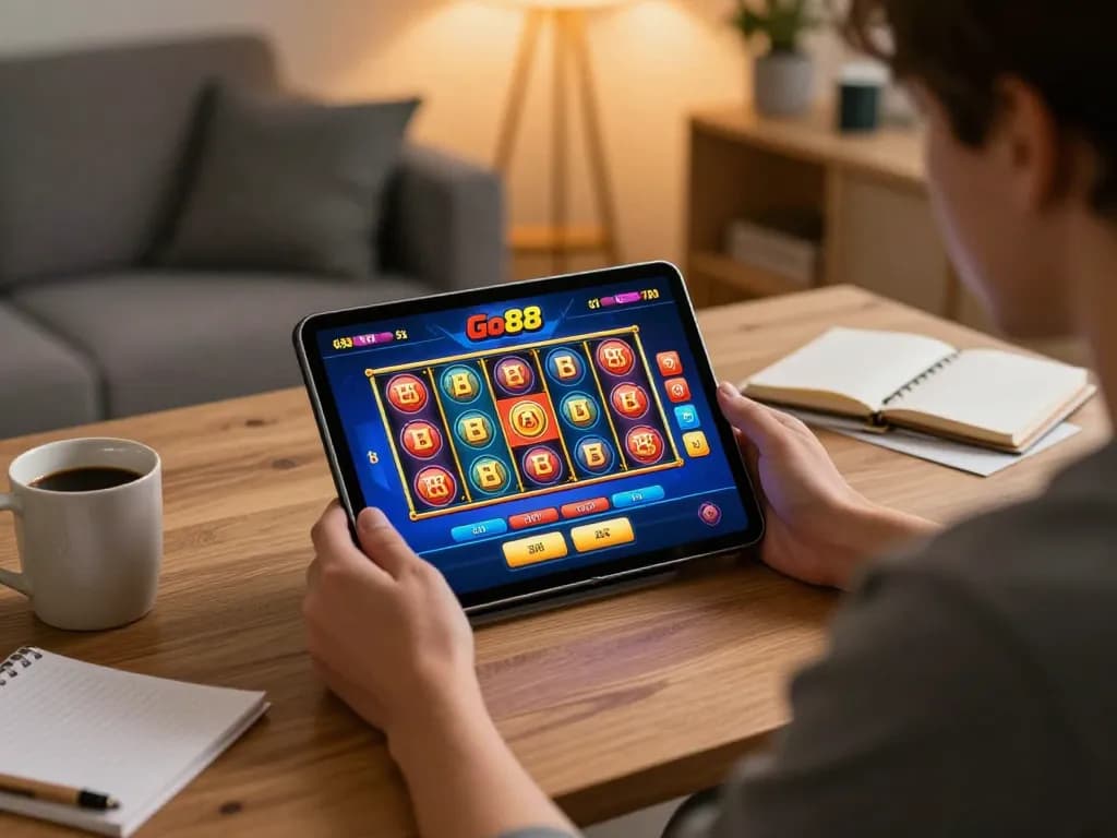 Engaging player exploring the Go88 app for online casino gaming at home with strategic notes.