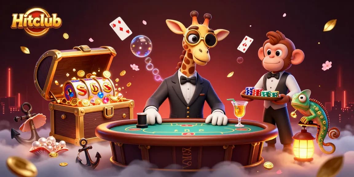 Hitclub illustrates excitement with a high-roller giraffe at a vibrant casino scene, packed with games and treasures.