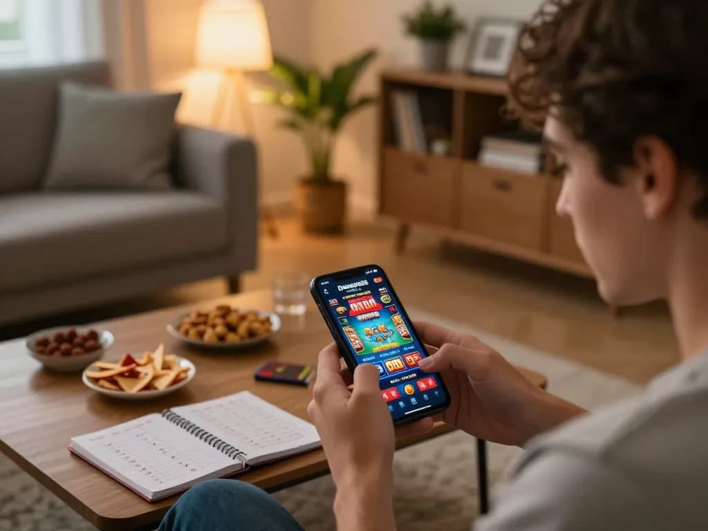 Pemain yang terlibat menggunakan aplikasi seluler Deragon88 untuk permainan kasino online di smartphone dalam suasana rumah yang nyaman.