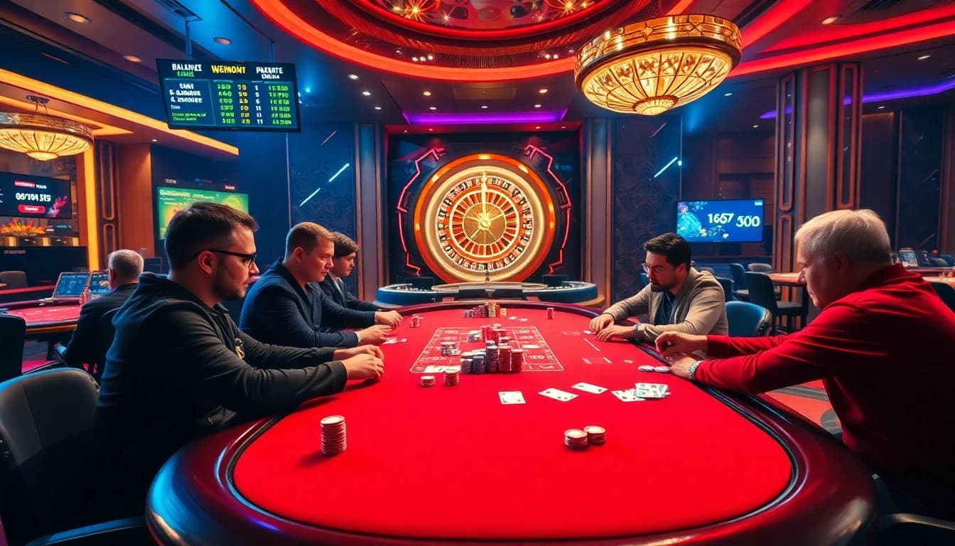 Engaging poker game scene showcasing keonhacai5 with glamorous casino elements.