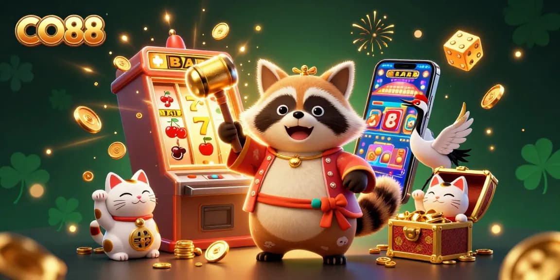 Enjoy exciting gameplay with CO88's vibrant slot theme, featuring cheerful characters and a jackpot explosion.