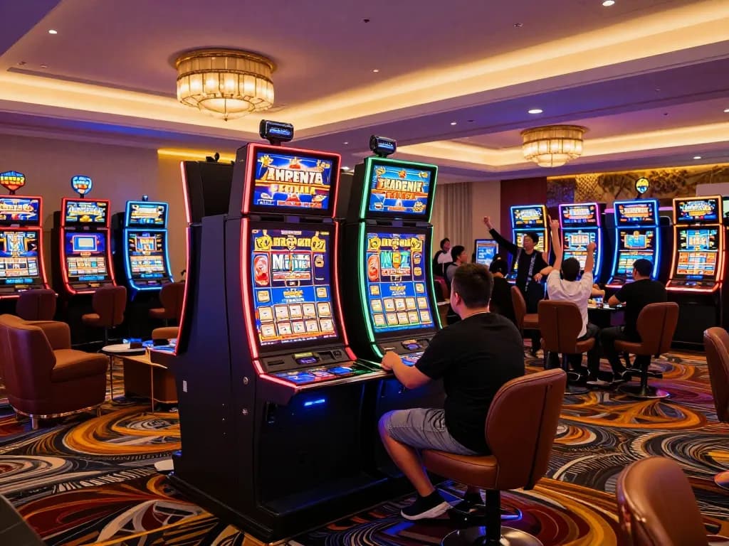 KADAL778 players celebrating wins at vibrant slot machines in a luxurious casino atmosphere.