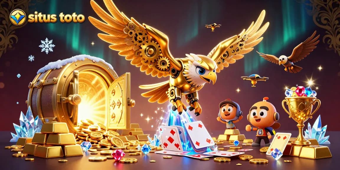 Experience situs toto excitement with a golden eagle diving through holographic cards in a vibrant casino scene.