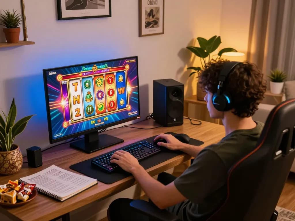 Player spinning nổ hũ reels at a vibrant online gaming setup in a stylish home.