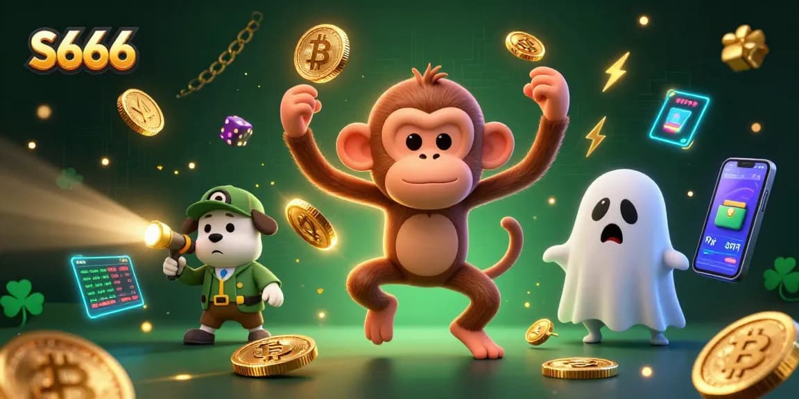 S666 casino scene with a mischievous poltergeist monkey and a ghost-hunter puppy juggling golden chips and cards.