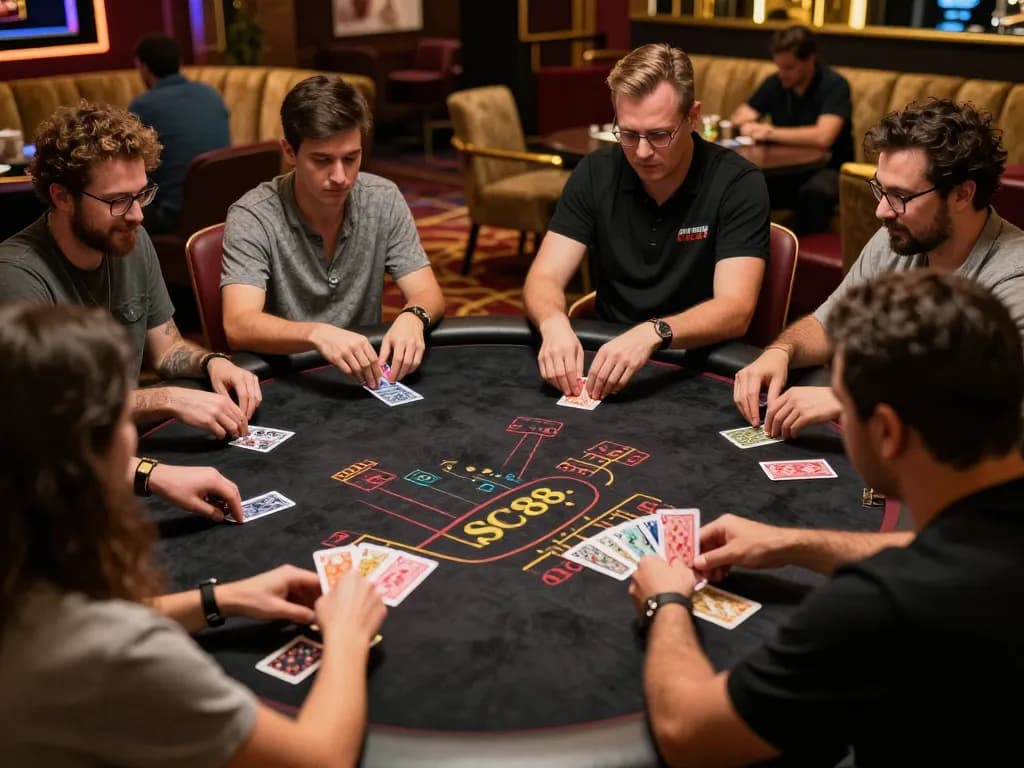 Players strategizing their bets at SC88 blackjack table in a luxurious casino setting.