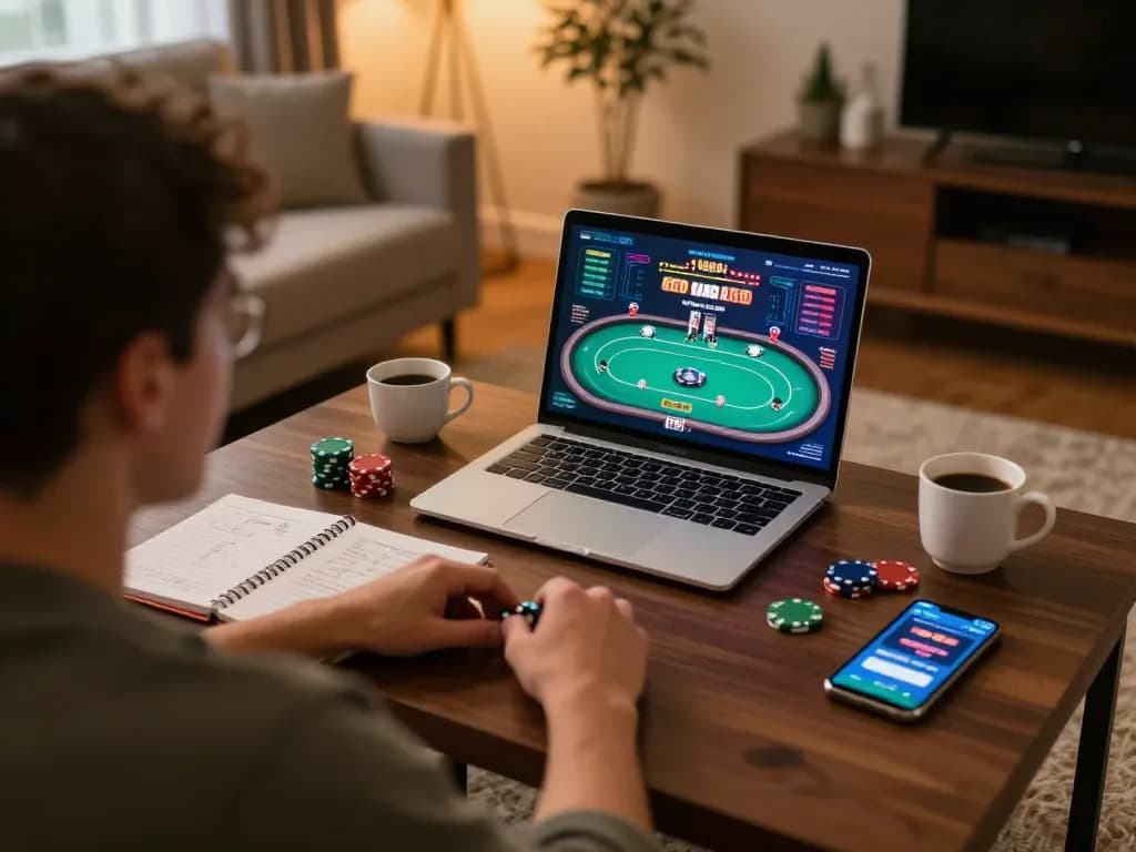 Engaging player on laptop for online poker at home, capturing the essence of transcrime gaming strategies.
