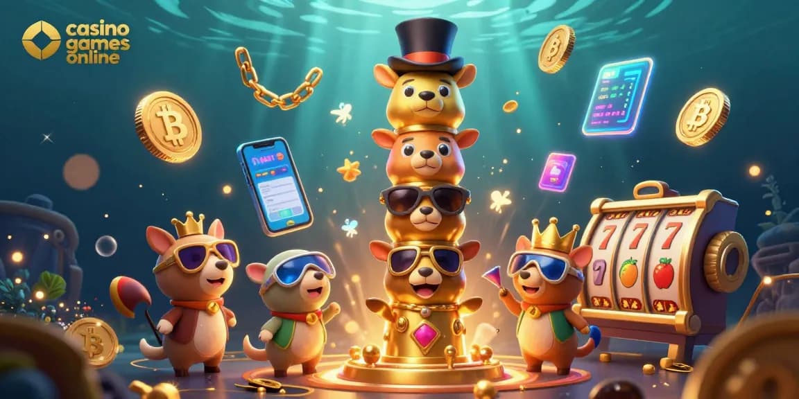 Engage in casino games online with vibrant 3D characters amidst Bitcoin, Ethereum, and slot elements in a magical scene.