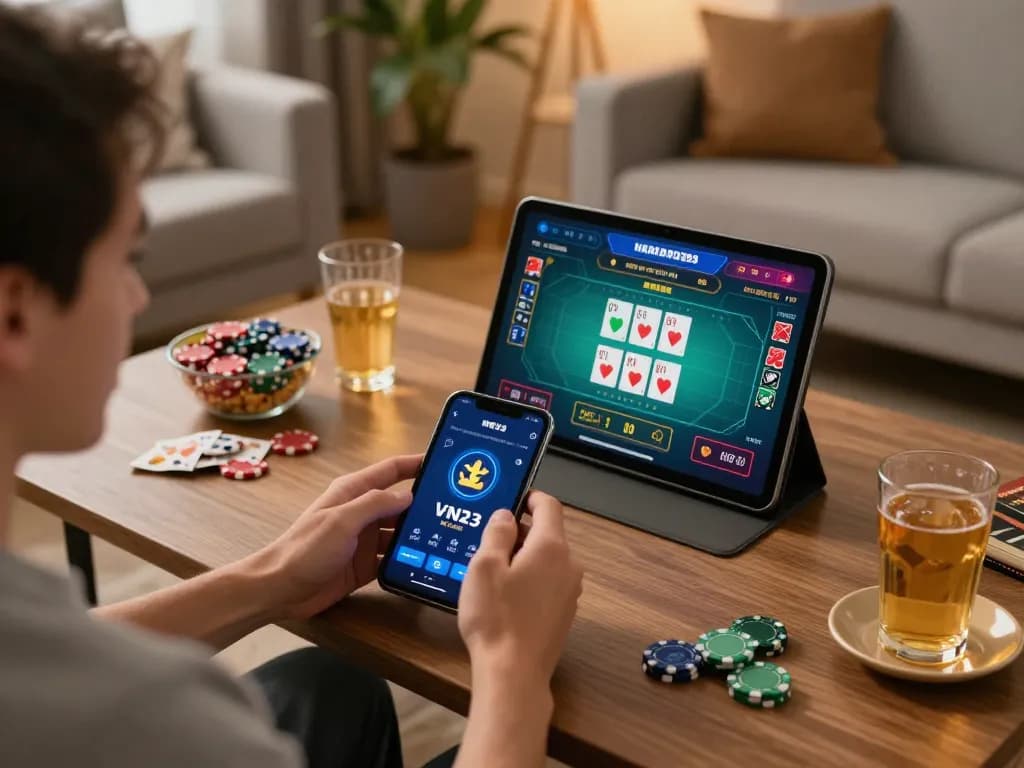 Engaging mobile gaming experience on VN23's app, showcasing gameplay excitement and a cozy atmosphere.