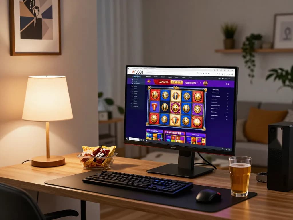 Player navigating the fly888 online casino platform from a cozy home setup with warm lighting.