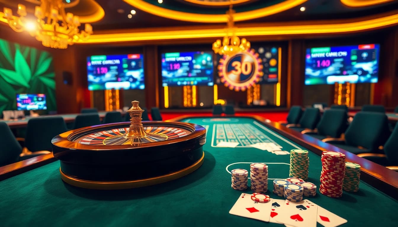 Engaging casino table featuring Nhà cái uy tín live betting with vibrant poker chips and roulette wheel