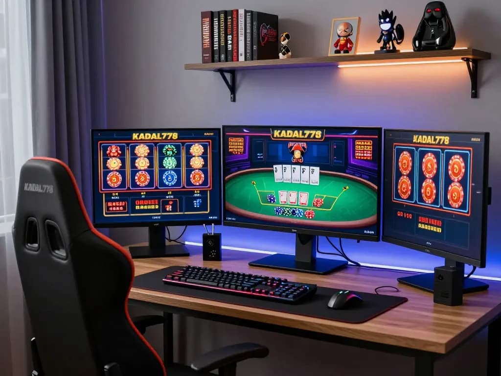 KADAL778 immersive online gaming setup showcasing live dealer games and slots in a stylish workspace.