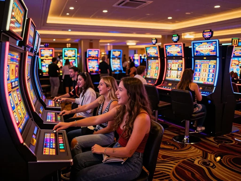 LGOSUPER players celebrating a big win in a vibrant casino atmosphere filled with colorful slot machines.