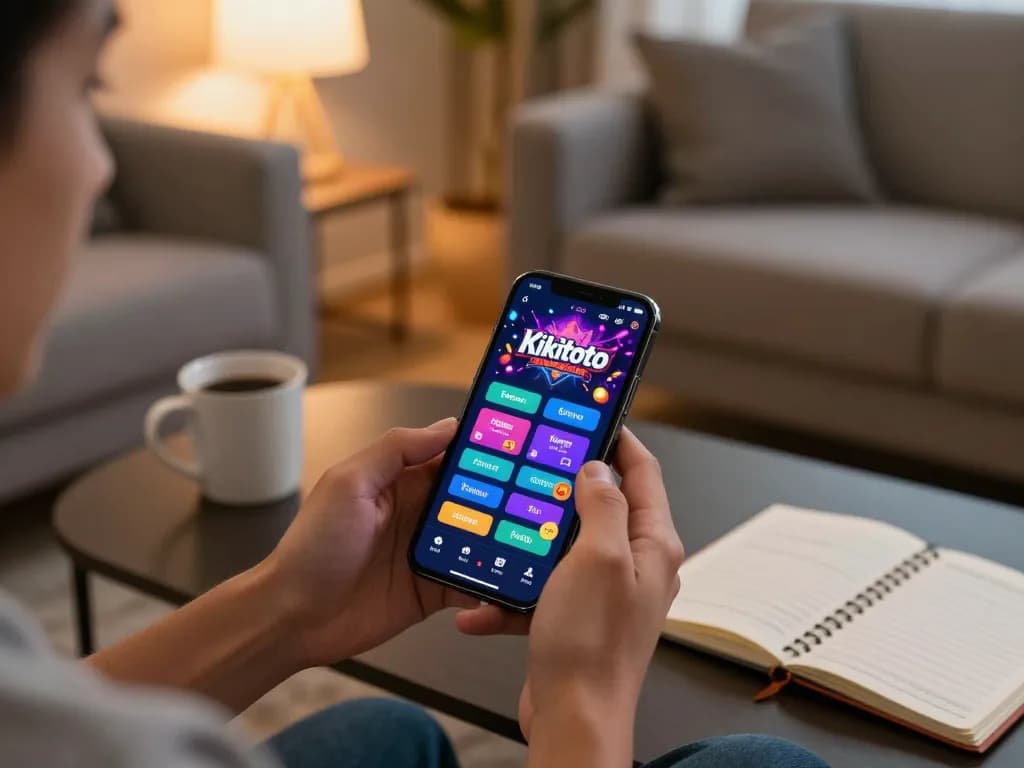Permainan Kikitoto di smartphone yang menampilkan opsi taruhan yang beragam di ruang tamu yang nyaman