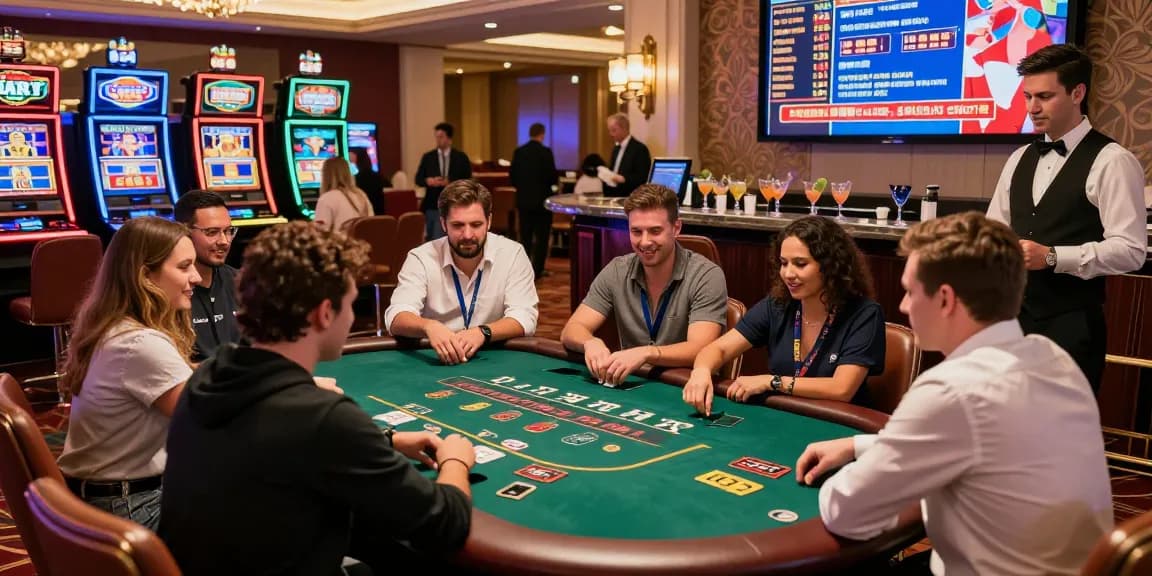 Casino players enjoying a vibrant gaming experience at https://lctltd.co.uk with exciting poker action and colorful slot machines.