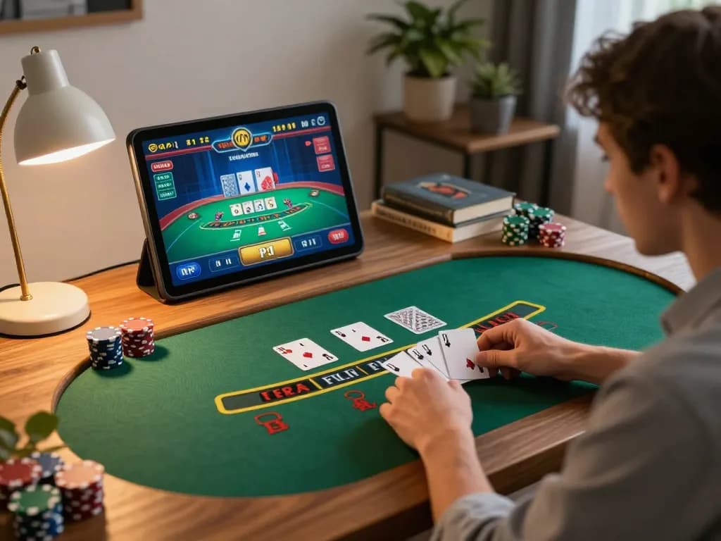 Player engaging with LV88 live dealer blackjack game on tablet in cozy atmosphere.