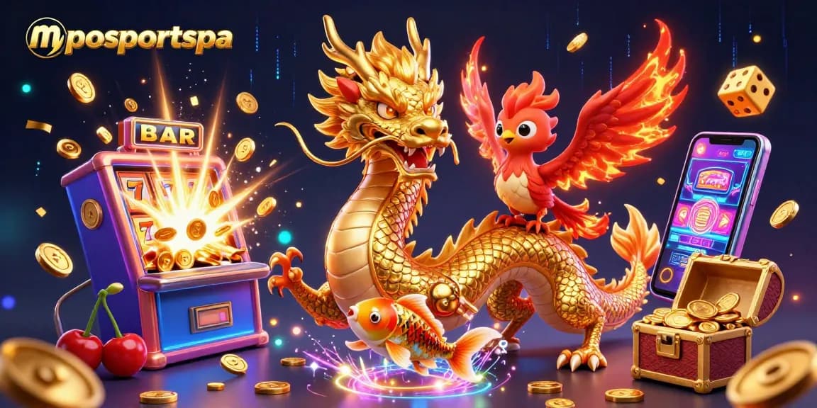 Experience excitement with mposportspa's vibrant casino world featuring a dragon, phoenix, and koi fish.
